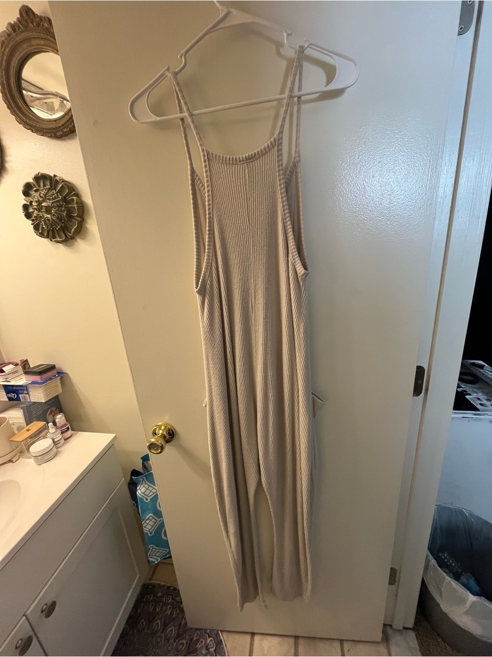 Light Beige Wide-Leg Jumpsuit - Sleeveless Scoop Neck - Picture 3 of 4